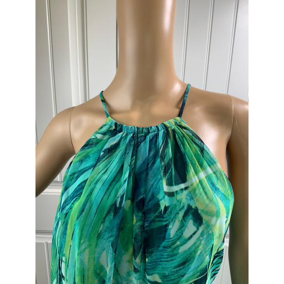New York & Co. Woman's Halter Dress Size Med Green Blue Tropical Vacation Resort - Picture 3 of 14